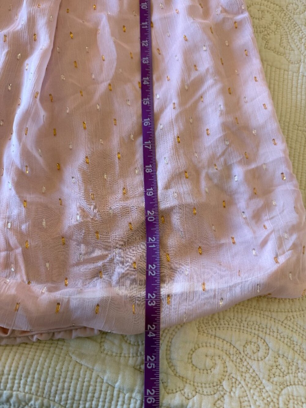 Sleeveless pink blouse featuring gold metallic clip dots, a pleated neckline. - Picture 7 of 7